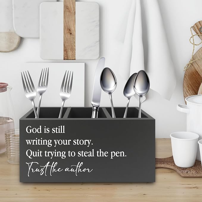 Christian Inspirational Pen Pencil Holder Organizer for Desk, God Is Still Writing Your Story Bible Verse Religious Black Wooden Box Sign for Office Home Desk Tabletop Decorations