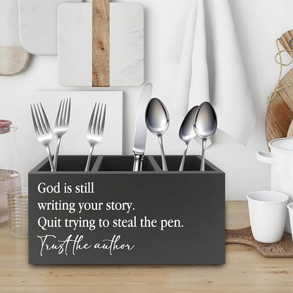 Christian Inspirational Pen Pencil Holder Organizer for Desk, God Is Still Writing Your Story Bible Verse Religious Black Wooden Box Sign for Office Home Desk Tabletop Decorations