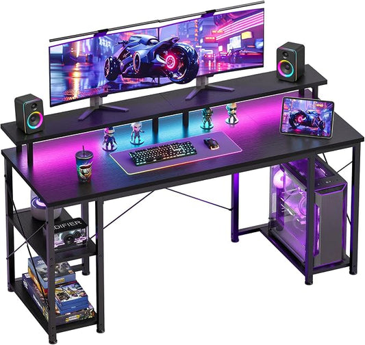 ODK 55 inch Gaming Desk with LED Lights & Power Outlets, Computer Desk with Monitor Stand & Storage Shelves, CPU Stand, Home Office Desk, Black