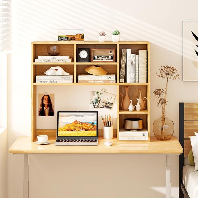 LDAILY Desktop Bookshelf, 37’’ Wood Desk Shelf with 7 Cubes & 3 Adjustable Shelves, 3-Tier Desk Display Rack, Desk Hutch for Dorm College Office Computer Monitor Up to 27’’ (Burlywood, 7 Shelves)