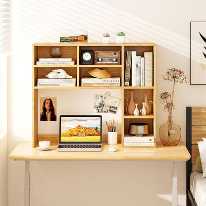 LDAILY Desktop Bookshelf, 37’’ Wood Desk Shelf with 7 Cubes & 3 Adjustable Shelves, 3-Tier Desk Display Rack, Desk Hutch for Dorm College Office Computer Monitor Up to 27’’ (Burlywood, 7 Shelves)