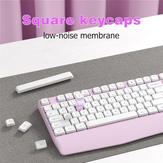 Wireless Keyboard and Mouse Combo, Ergonomic Keyboard with Wrist Rest, 2.4Ghz Wireless Connection, Compatible with PC/Laptop/Windows/Mac for Home and Office Use (White Pink)