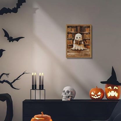 Framed Vintage Library Ghost Wall Art - Halloween Picture Decor, Cute Ghost Reading Books Canvas Print, Halloween Wall Decor for Living Room Bedroom Home Office, 12x16in Wood Frame