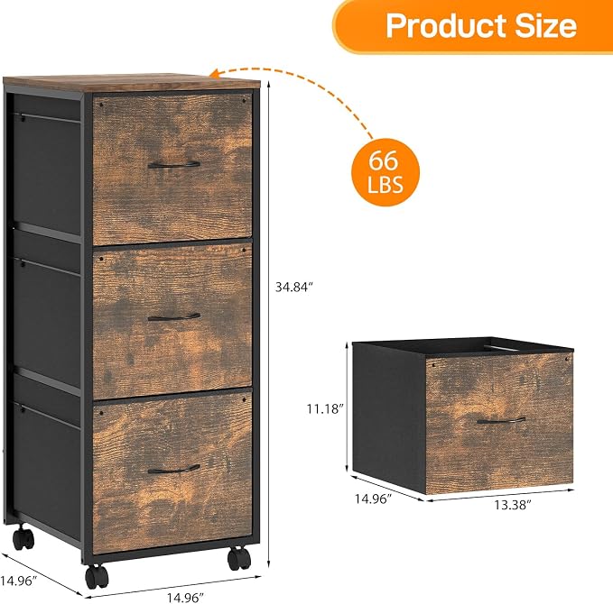 VINGLI 3 Drawer File Cabinet 34.8” Height, Rolling File Cabinet Mobile Tall File Cabinet with Wheels, Fabric Drawers Printer Stand for Home Office, Fits Letter Size, Rustic Brown