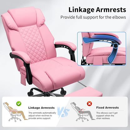 HOFFREE Massage Office Chair with Heat 7 Points Vibration Ergonomic Executive Office Chair with Footrest Reclining High Back Home Office Desk Chairs Light Pink