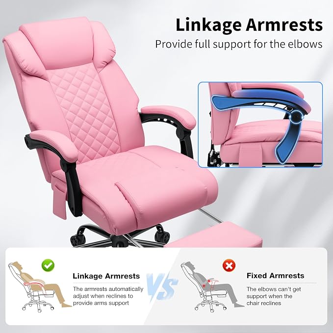 HOFFREE Heated Office Chair Massage Office Chair with Heat 400lbs Executive Reclining Home Desk Chair with Footrest,Linkage Armrests for Heavy People(Pink)