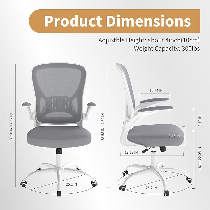 Youhauchair Office Chair, Ergonomic Home Office Desk Chairs with Flip-up Arms and Lumbar Support, Height Adjustable, Grey