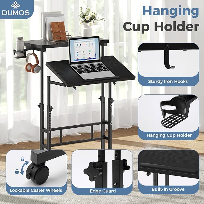 DUMOS Split Top Rolling Standing Desk 23.6 Inch Mobile Laptop Workstation Manual Height Adjustable Sit Stand Office Table Walking Pad Study Surface Portable Home Office Computer Cart Black