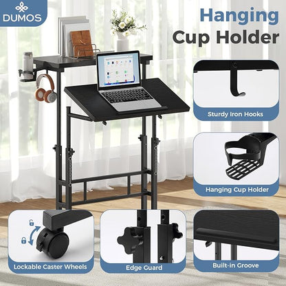 DUMOS Split Top Rolling Standing Desk 23.6 Inch Mobile Laptop Workstation Manual Height Adjustable Sit Stand Office Table Walking Pad Study Surface Portable Home Office Computer Cart Black