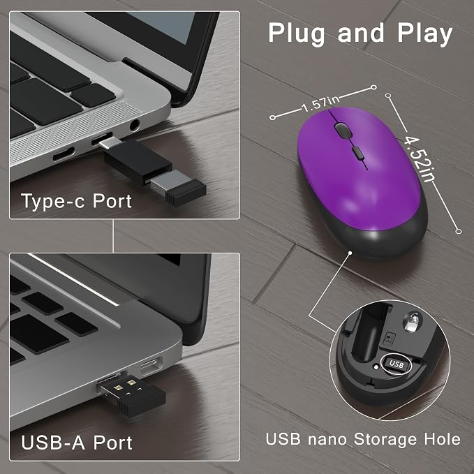MPTOG Colorful Wireless Computer Keyboard and Mouse Combo with Round Typewriter Keycaps, Retro Design, Power Switch, Ergonomic Design, 2.4GHz Wireless for Windows, Mac, PC(Black-Purple)