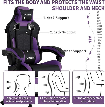 Gaming Chair with Massage,Ergonomic PC Gaming Chair with Footrest Comfortable Headrest and Lumbar Support,High Back Game Chair PVC Leather,300LBS (BlackPurple)