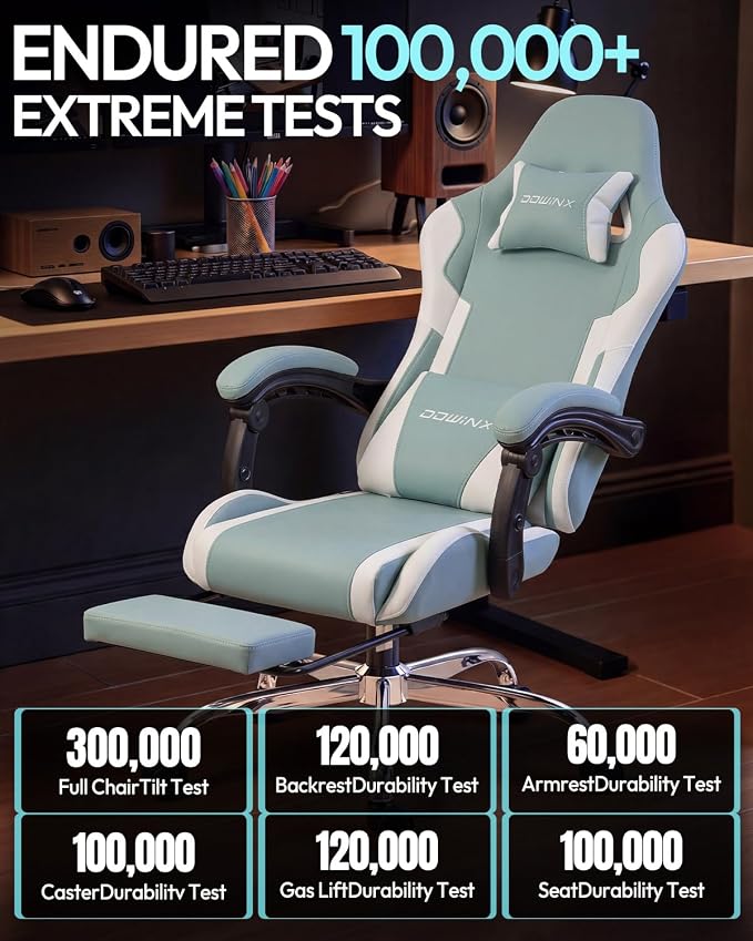 Dowinx Ergonomic Gaming Chair with Footrest & Massage Lumbar, 2D-Linkage Armrests for Computer Chair 330lbs with Headrest Pillow for Office, Home, Streaming and Long Gaming Sessions, Fabric Blue White