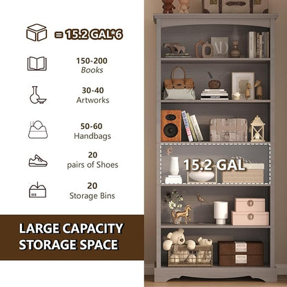 TVU 6-Tier Wooden Bookshelf, 76 Inch Tall Bookshelf with Storage, Floor Standing Modern Style Display Bookcase for Living Room, Office, Study Room, Entryway, Grey