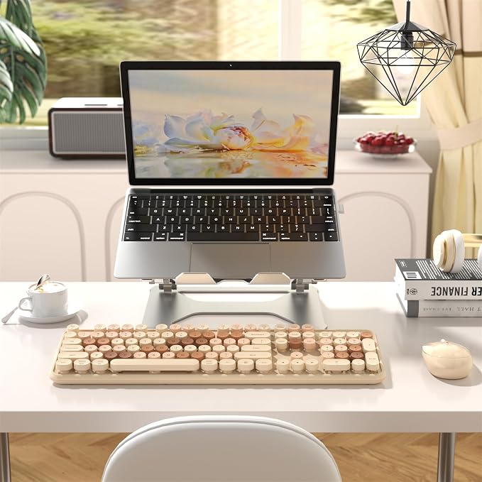 MPTOG Colorful Wireless Computer Keyboard and Mouse Combo with Round Typewriter Keycaps, Retro Design, Power Switch, Ergonomic Design, 2.4GHz Wireless for Windows, Mac, PC(Milk-Tea Colorful)