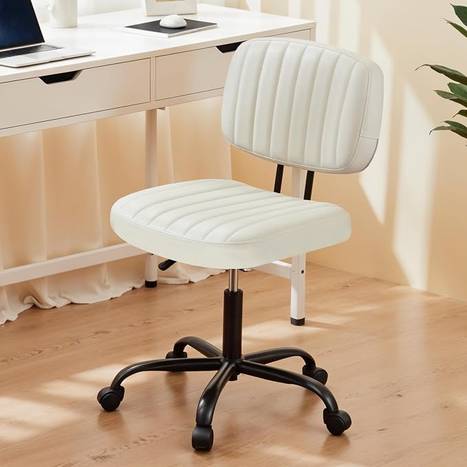 Simple Deluxe Small Desk Chair, Armless Office Chair with Wheels, PU Leather Comfy Computer Task Swivel Vanity Rolling Chairs No Arms for Small Space, Home Office, Beige White