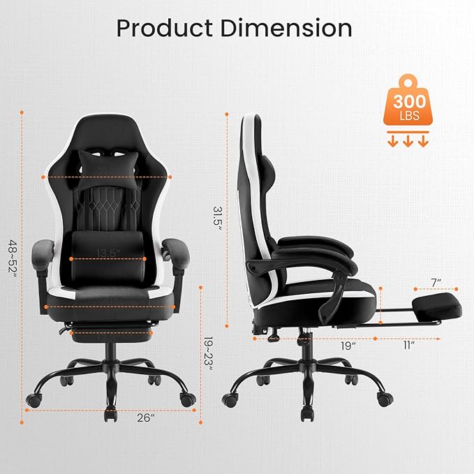 Sweetcrispy Computer Gaming Chair: Ergonomic Desk Chair with Footrest and Lumbar Support, High Back Height Adjustable with Linkage Armrests and Headrest, 360° Swivel Wheels, Black
