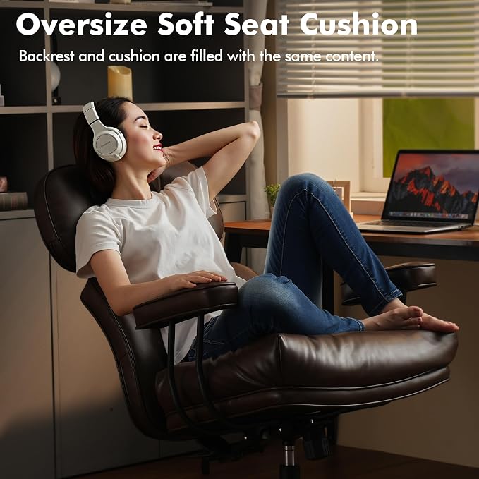 High Back Executive Office Chair with Comfortable Deep Seat,Brown PU Leather Modern Office Chair,Ergonomic Big and Tall Computer Desk Chair with Lumbar Support(Dark Brown)