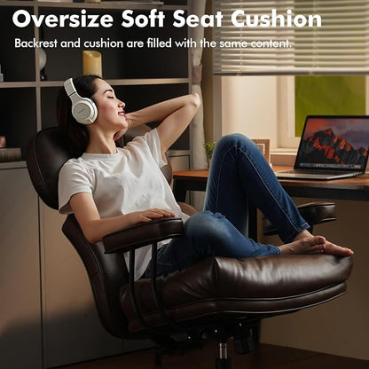 High Back Executive Office Chair with Comfortable Deep Seat,Brown PU Leather Modern Office Chair,Ergonomic Big and Tall Computer Desk Chair with Lumbar Support(Dark Brown)