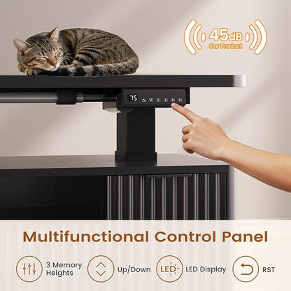 SEDETA L Shaped Electric Standing Desk, 69" x 55"Height Adjustable Office Executive Desk with 4 Drawers and Storage Shelves, Fluted Sit Stand Computer Desk with Power Outlet for Home Office (Black)