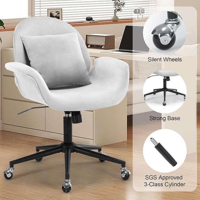 Velvet Desk Chair Modern Home Office Chair with Adjustable Height Swivel Rolling Executive Computer with Pillow Grey Armchair for Vanity, Bedroom,Small Space(Gray)
