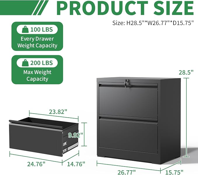 2 Drawer File Cabinet,Metal Lateral Filing Cabinet with Lock,Home Office Storage Organizer Cabinet for Legal/Letter/A4/F4 Size Files,26.8" W,Black