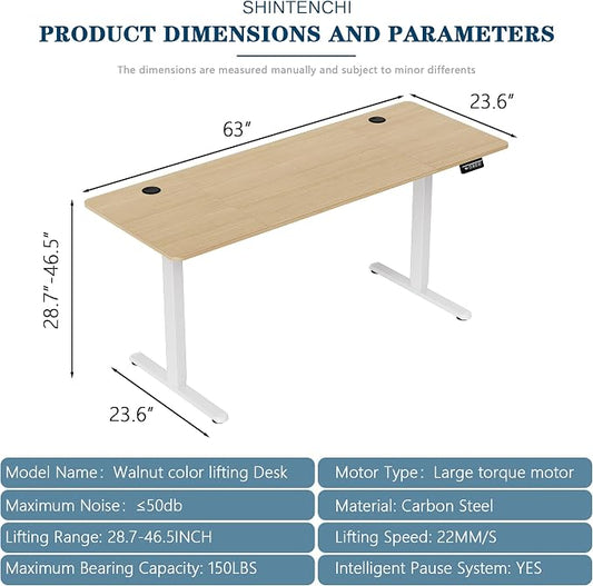 Shintenchi Standing Desk, 63x24 Inch Height Adjustable Electric Sit Stand up Desk, Ergonomic Rising Computer Table, Modern Lift Gaming Desk Workstation for Home Office, White