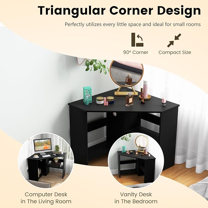 GOFLAME Corner Desk with Storage Shelves, Triangular Computer Desk with Cable Management Holes, Laptop Workstation for Small Space, Makeup Vanity Desk for Living Room, Study, Black