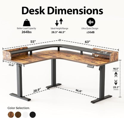 Agilestic L Shaped Standing Desk, Adjustable Height Corner Gaming Desk with Shelf, Sit Stand Up Desk, 63 x 55 Inch Home Office Computer Table, Rustic Brown