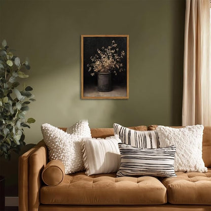 Framed Vintage Floral Wall Art, Rustic Dark Moody Flower Paintings Wall Decor, Retro Farmhouse Botanical Pictures Canvas Prints Neutral Aesthetic Home Decor for Living Room Bedroom 12x16 inch