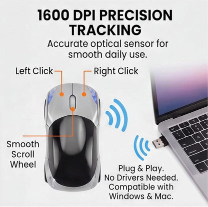 Silver Wireless Car Mouse, 2.4G with USB Receiver, 1600DPI Optical, Ergonomic Mini Computer Mouse, for Laptop, PC, Tablet, Windows, Mac OS