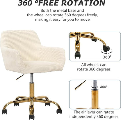 KCC Corduroy Fabric Vanity Makeup Desk Chair, Fluffy Swivel Modern Armchair with Wheels, Upholstered Fuzzy Height Adjustable for Girls Home Office, Beige