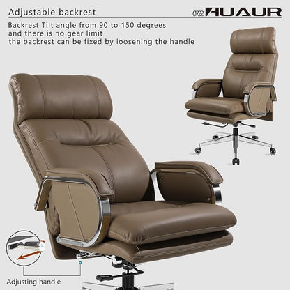 Genuine Leather Modern Executive Chair High-Back Support 90 to 150 Degrees Tilt and Upholstered Home Desk Chair with Base 400LB Capacity Swivel Computer Office Chair (Taupe)