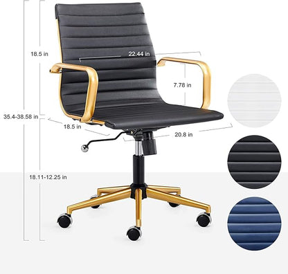 Black and Gold Office Chair with Arms, Faux Leather Ribbed Back, Adjustable Swivel Executive Chair for Home Office and Meeting Room