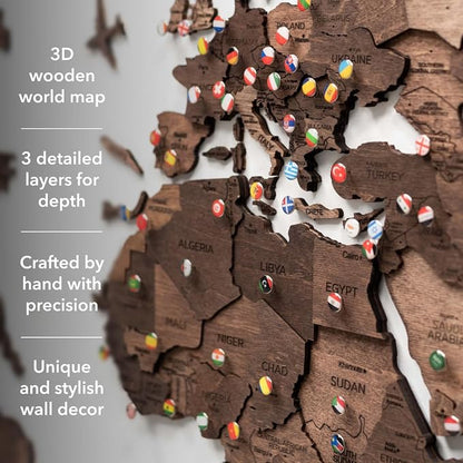Enjoy The Wood 3D Wooden World Map Wall Art - Large Travel Map with Pins for Art Decor - Decorative Map of the World for Home, Office - Travel Wall Art Housewarming Gift Idea (Dark Walnut, 2XL, Unframed)