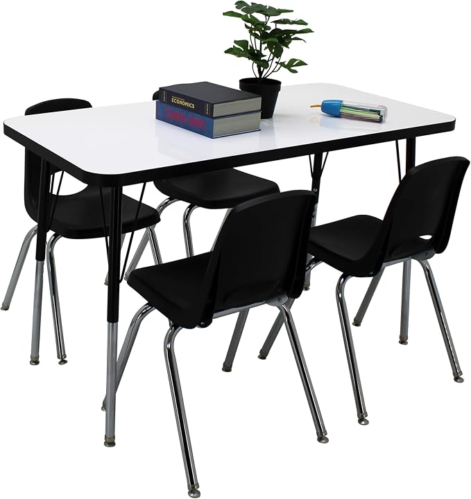 FDP Dry-Erase Rectangle Activity School and Office Table (24 x 48 inch), Standard Legs with Swivel Glides, Adjustable Height 19-30 inches; Quick Ship Single Box - Whiteboard Top and Black Edge