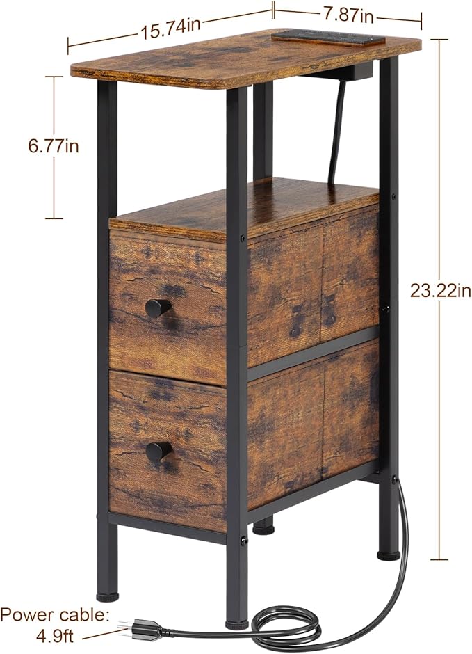 LOAKEKEL Narrow Nightstand with Charging Station, End Tables Living Room Set of 2, Skinny Side Table with Fabric Drawers, Small Sofa Table with LED Light for Bedroom, Rustic Brown, HETNDP02LPBR