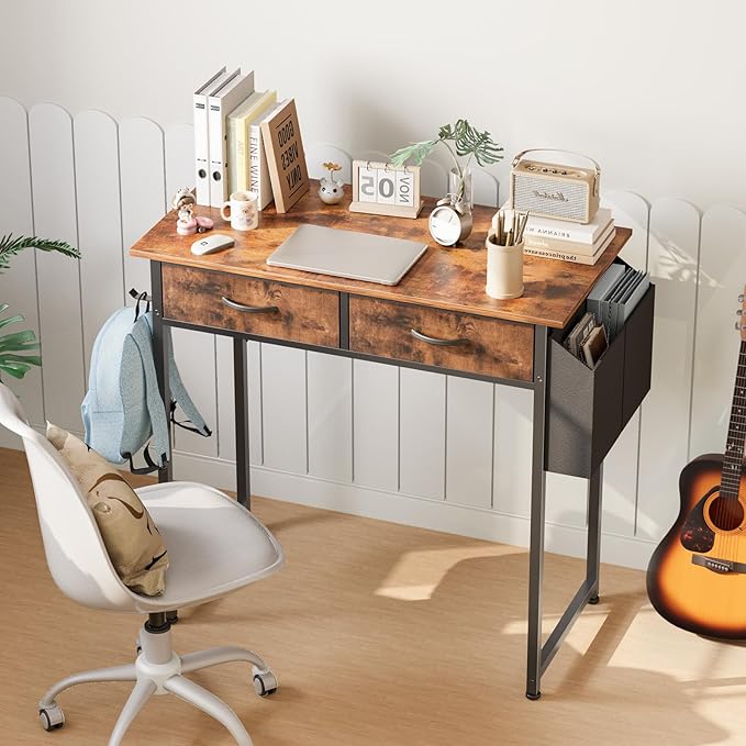 DUMOS 32" Home Office Computer Desk with Drawers, Small Gaming Writing Study Table with Storage Side Bag, Headphone Hook and Adjustable Feet for Bedroom Rustic Brown