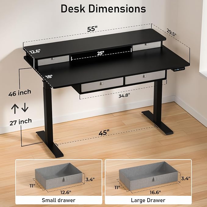 55 * 30 Inches Electric Standing Desk Adjustable Height with 4 Drawers, Double Storage Shelves Stand Up Desk, Home Office Workstation Sit Stand Desk (Classical Black)