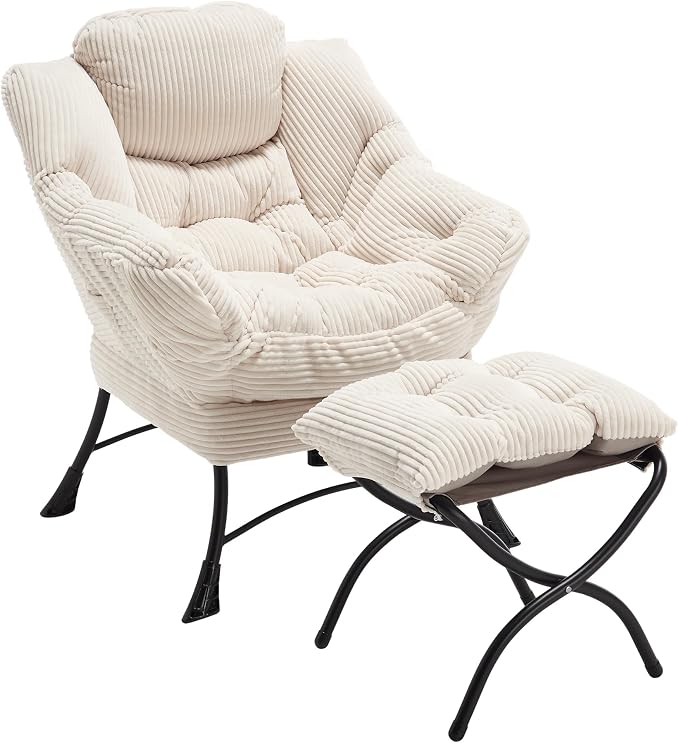 Modern Lazy Chair with Ergonomic Ottoman, Comfortable Lounge Chair with Footrest for Space Saving, Comfy Reading Armchair for Living Room, Bedroom, Office, White
