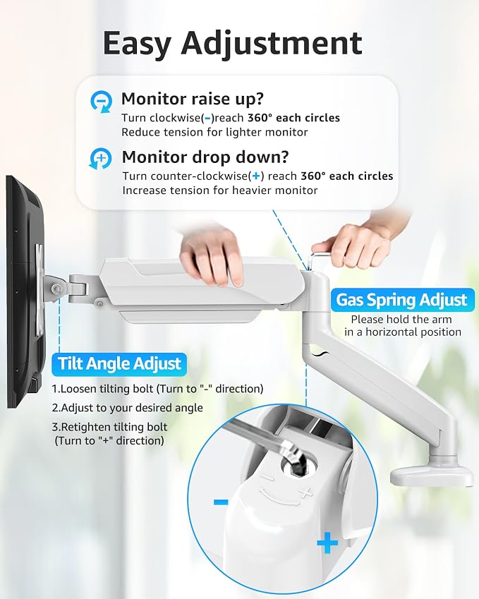 MOUNTUP Single Monitor Desk Mount Holds Screen up to 32 inch, Height Adjustable Monitor Arm, Full Motion Computer Monitors Stand with Clamp/Grommet Base, VESA Mounts Fit 4.4-17.6lbs Computer, White