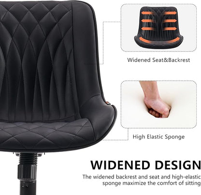 YOUNIKE Black Faux Leather Office Chair Armless Comfy Desk Chair with Rocking Back Cute Swivel Vanity Chair with Wheels Height Adjustable Small Computer Task Chair for Sewing Drafting Ergonomic