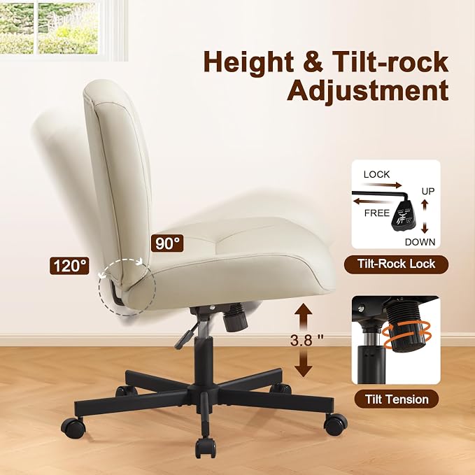 Furniliving Criss Cross Chair with Wheels, Wide Mid-Back Criss Cross Legged Chair Computer Desk Chair Height Adjustable Home Office Desk Chair for Bedroom Living Room, Office, Grey, PU
