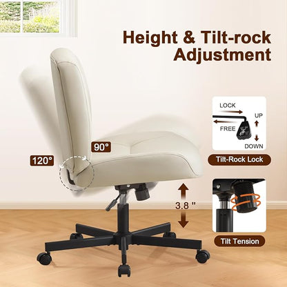 Furniliving Criss Cross Chair with Wheels, Wide Mid-Back Criss Cross Legged Chair Computer Desk Chair Height Adjustable Home Office Desk Chair for Bedroom Living Room, Office, Grey, PU