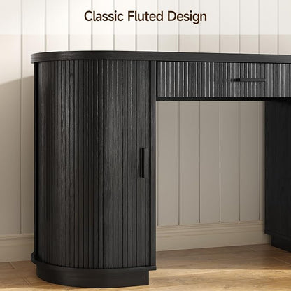 ONBRILL 58 Inch Fluted Executive Desk, Computer Desk with Storage Drawers & File Drawer, Modern Home Office Desk with Charging Station for Working, Studying, Writing, Black
