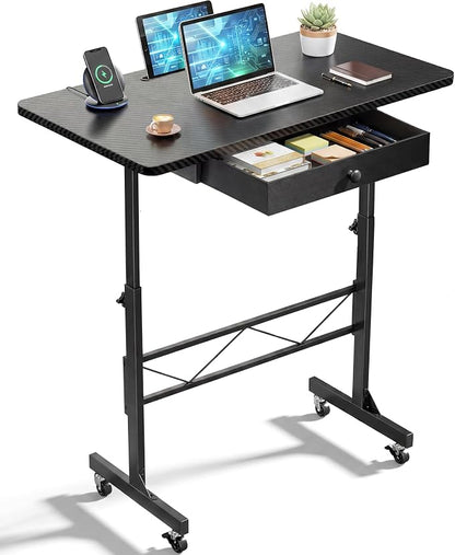 COMHOMA Small Standing Desk with Storage Drawer, Mobile Height Adjustable Rolling Sit Stand Desk with Lockable Wheels 4‑Level Portable Laptop Desk for Small Space Home Office Treadmill Workstation