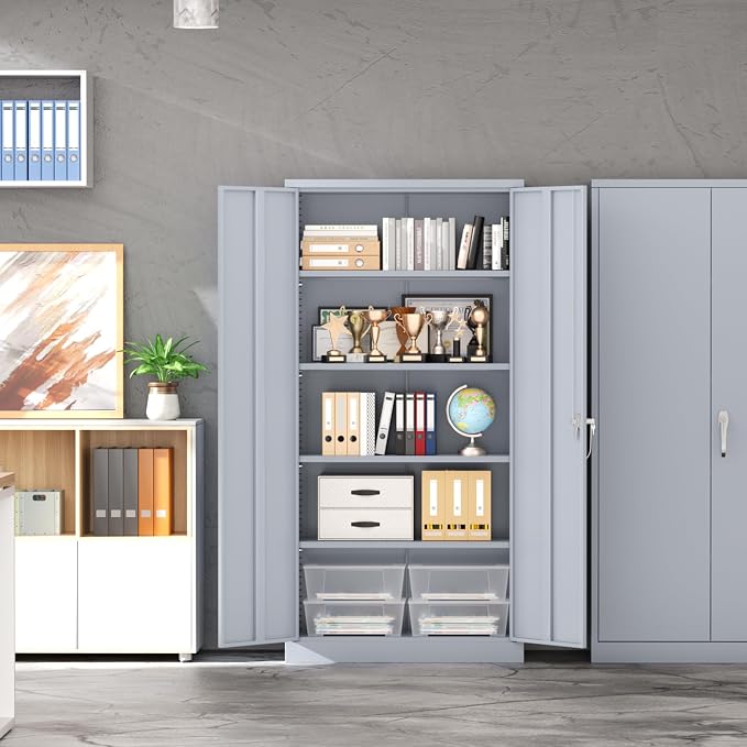 INTERGREAT Metal Garage Storage Cabinet with Lock, 72" Storage Cabinet with Locking Doors and 4 Adjustable Shelves, Lockable Steel Tool Cabinet for Home Office, School, Cement Grey