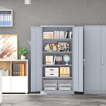 INTERGREAT Metal Garage Storage Cabinet with Lock, 72" Storage Cabinet with Locking Doors and 4 Adjustable Shelves, Lockable Steel Tool Cabinet for Home Office, School, Cement Grey