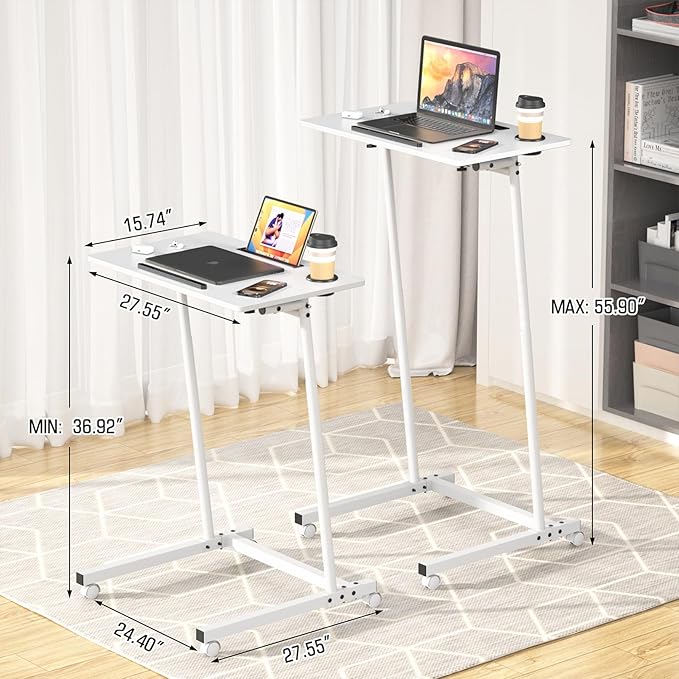 Eocnrhe Treadmill Desk, Mobile Small Standing Desk with Wheels for Walking Pad, Portable Table for Laptop, Rolling Table Adjustable Height, Bedside Table，White