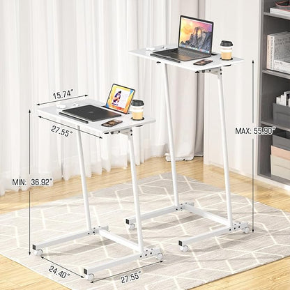 Eocnrhe Treadmill Desk, Mobile Small Standing Desk with Wheels for Walking Pad, Portable Table for Laptop, Rolling Table Adjustable Height, Bedside Table，White