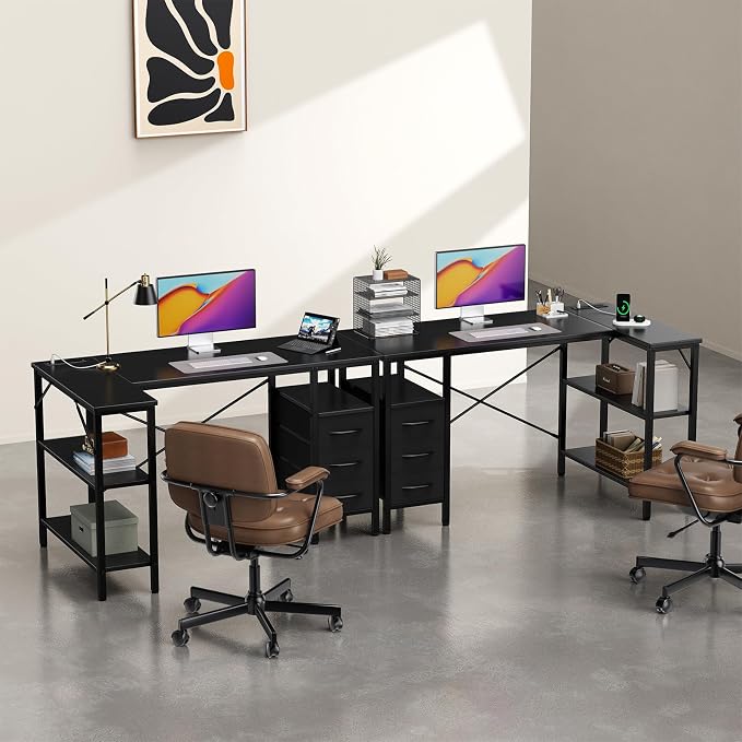 Simple Deluxe L Shaped Gaming Desk with Power Outlets, 47 Inch Computer Desk with 3 Drawers, Shelves, Corner Computer Desk for Gaming, Corner Work, Home Office, Study, Black